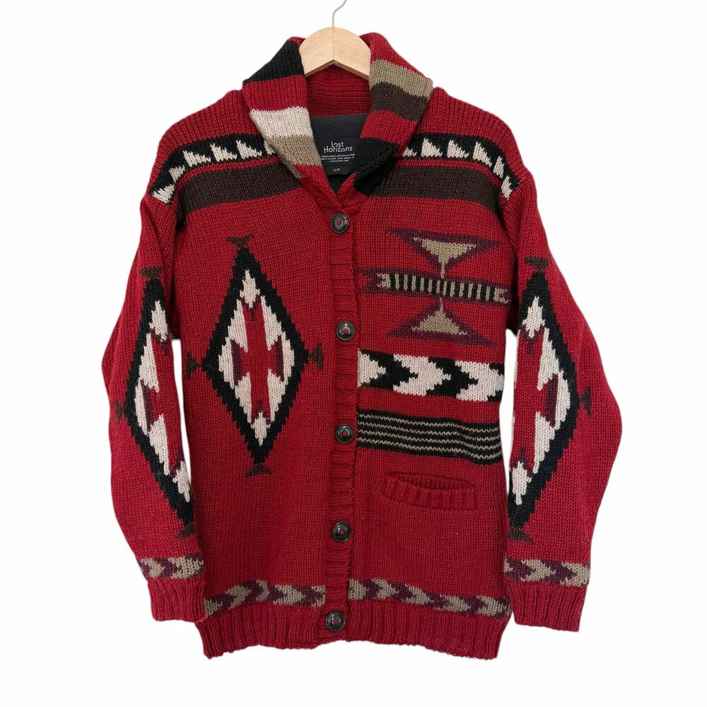 Lost Horizons Handcrafted 100% Wool Southwestern Knit Cardigan Sz S